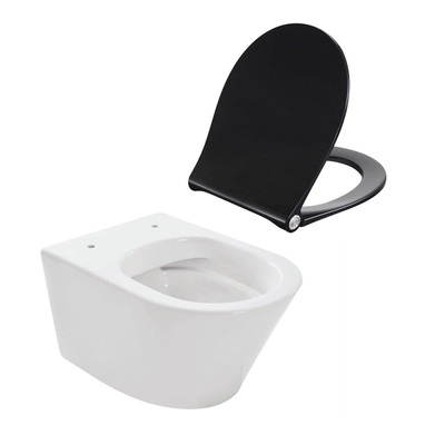 Wiesbaden Vesta hangtoilet – spoelrandloos – diepte 52 cm – met zwarte softclose zitting – glans wit