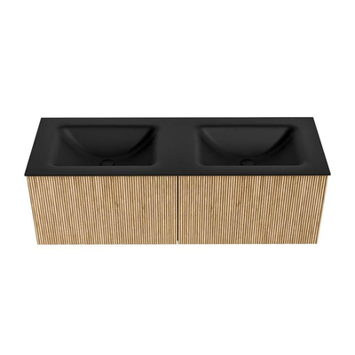 MONDIAZ KURVE 130cm meuble de salle de bains couleur Oak avec 2 tiroirs. Lavabo CLOUD double 2 trous de robinet Urban.