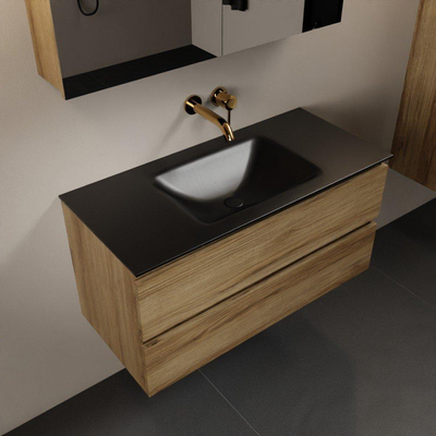 Mondiaz AIVY Ensemble de meuble - 100x45x50cm - 0 trous de robinet - 1 vasque Urban Solid surface - Centre - 2 tiroirs - avec miroir - Melamine Chai