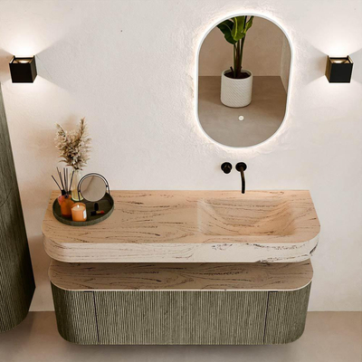 MONDIAZ THOR-DLUX Meuble de salle de bains 140cm arrondi gauche + droite couleur Shadow avec 1 tiroir et 2 portes. Vasque suspendue CLOUD Droite sans trou de robinet couleur Arena.