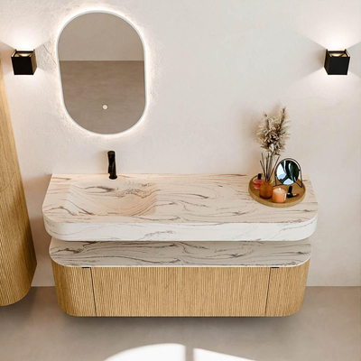 MONDIAZ THOR-DLUX 150cm badmeubel ronding links + rechts kleur Oak met 1 lade en 2 deuren. Vrijhangende wastafel CLOUD Links 1 kraangat kleur Nata.