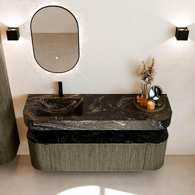 MONDIAZ THOR-DLUX 150cm meuble de salle de bains arrondi gauche + droite couleur Shadow avec 1 tiroir et 2 portes. Vasque suspendue CLOUD Gauche 1 trou de robinet couleur Lava.