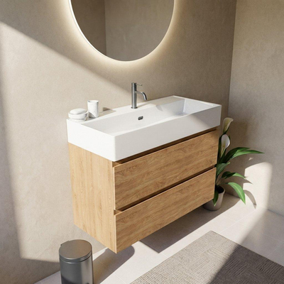 Saniclass Holz Pure Ensemble meuble de salle de bains - 100x45x72cm - Legend lavabo en céramique blanc - 1 vasque - 1 trou de robinetterie - 2 tiroirs - chêne natural mat (bois)
