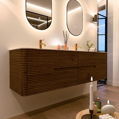 Mondiaz CIRO-DLUX Badkamermeubelset - 170x45x50cm - Solid surface wastafel Frappe - 2 wasbak Dubbel - 2 kraangaten - 4 lades - Dusk