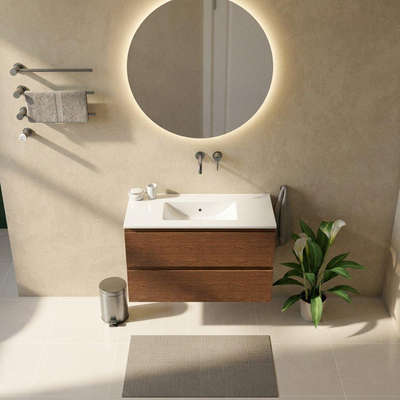Saniclass Holz Pure Ensemble meuble de salle de bains - 100x45x62cm - lavabo Vygo en céramique blanc - 1 vasque - sans trou de robinet - 2 tiroirs - noyer pure mat (bois)