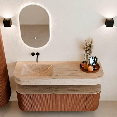 MONDIAZ THOR-DLUX 140cm meuble de salle de bains arrondi gauche + droite couleur Ruby avec 1 tiroir et 2 portes. Vasque suspendue CLOUD Gauche sans trou de robinet couleur Saba.