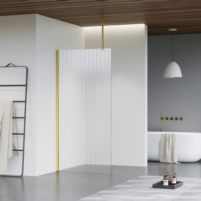 Fortifura Galeria Douche à l'italienne - 50x200cm - Verre nervuré - Bras plafond - Laiton Brossé (Doré)