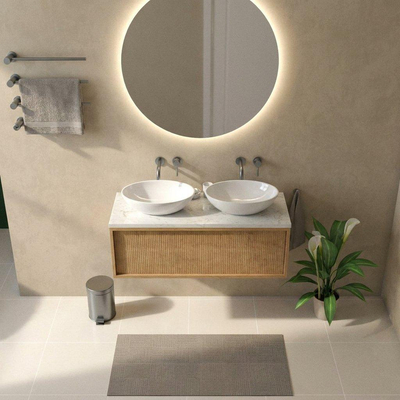 Saniclass Holz Frame Ensemble meuble de salle de bains - 120x45x43cm - Plan vasque en marbre Dia poli (blanc) - sans trou de robinet - 1 tiroir - chêne natural mat (bois)