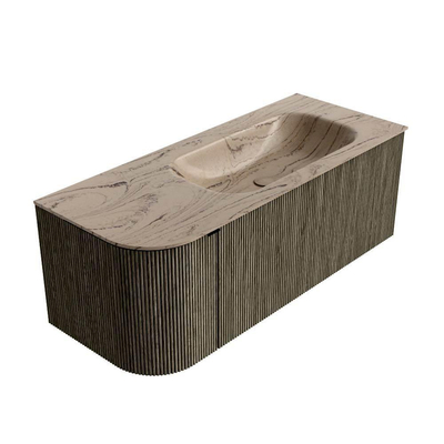 MONDIAZ KURVE-DLUX Meuble de salle de bains 115cm arrondi à gauche couleur Shadow avec 1 tiroir et 1 porte. Lavabo BIG SMALL à droite 1 trou de robinet Arena.