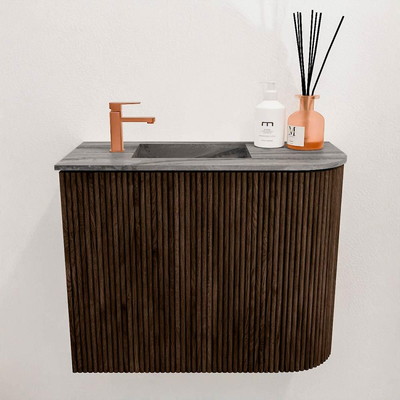 Mondiaz JOYA-DLUX 51.6cm toiletmeubel - ronding rechts kleur Walnut - Wastafel FAYE positie Links 1 kraangat kleur Sombra.