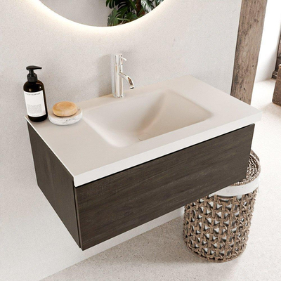 Mondiaz BUKLA Ensemble de meuble salle de bain - 80x45x34cm - 1 trou de robinet - lavabo centré - solid surface - Talc - sans poignée - 1 tiroir - Mélamine - Marron foncé