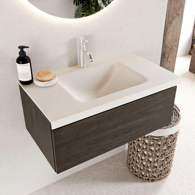 Mondiaz bukla ensemble de meubles de salle de bain 80x45x34cm 1 trou pour robinetterie lavabo milieu surface solide talc sans poignée 1 tiroir avec softclose mélamine marron foncé