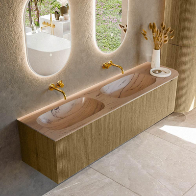 MONDIAZ KURVE-DLUX Meuble de salle de bains 175cm arrondi Droite couleur Dusk avec 2 tiroirs et 1 porte. Lavabo STOR SMALL Double / Gauche sans trou de robinet Arena.