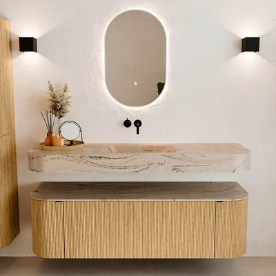 MONDIAZ THOR-DLUX 150cm badmeubel ronding links + rechts kleur Oak met 1 lade en 2 deuren. Vrijhangende wastafel CLOUD Midden zonder kraangat kleur Arena.