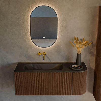 MONDIAZ KURVE 115cm badmeubel met module 25 R kleur Walnut met 1 lade en 1 deur. Wastafel BIG SMALL links zonder kraangat Urban.
