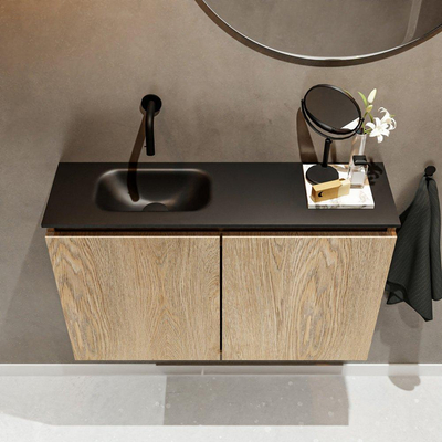 MONDIAZ TURE Fonteinset - 80x23x50cm - 0 kraangaten - 2 deuren - washed oak mat - Wasbak links - Solid Surface Zwart