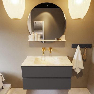 Mondiaz VICA-DLUX Ensemble de meuble de salle de bain - 90cm - meuble sous-vasque gris foncé - 2 tiroirs - lavabo encastré nuage milieu - sans trous de robinet - version haute 60cm - ostra