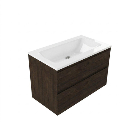 Saniclass Holz Pure Ensemble de meubles de salle de bains - 80x45x77.5cm - lavabo Torino en solid surface blanc - sans trou de robinet - 2 tiroirs - chêne charcoal mat (bois)