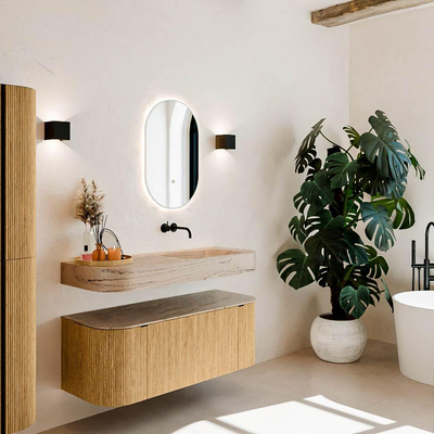 MONDIAZ THOR-DLUX 120cm badmeubel ronding links + rechts kleur Oak met 1 lade en 2 deuren. Vrijhangende wastafel CLOUD Rechts zonder kraangat kleur Arena.