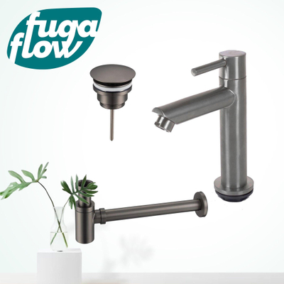 FugaFlow Eccelente Sobrado Badkamer fonteinkraanset met staande fonteinkraan laag, always open plug en design sifon PVD Gepolijst Gunmetal - Black Friday -