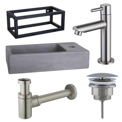Fortifura Fuente Fonteinset - 40x22x23.5cm - 1 kraangat - zwart frame - fonteinkraan - RVS geborsteld - beton - beton (grijs)