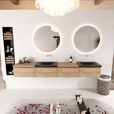 MONDIAZ BUKLA 240cm ensemble de meuble avec module 60 gauche couleur Chêne blanchi avec 4 tiroirs. Lavabo CLOUD double 0 trou de robinet couleur Urbain.