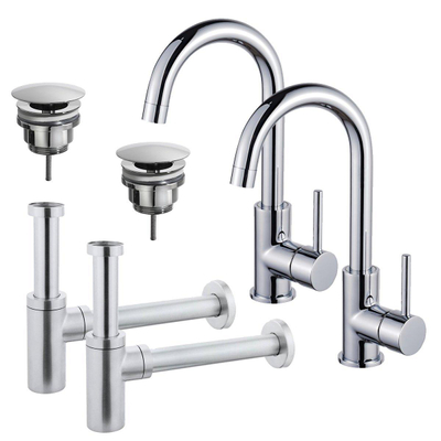 FortiFura Calvi Kit robinet lavabo - pour double vasque - robinet haut - bec rotatif - bonde non-obturable - siphon design - Chrome brillant