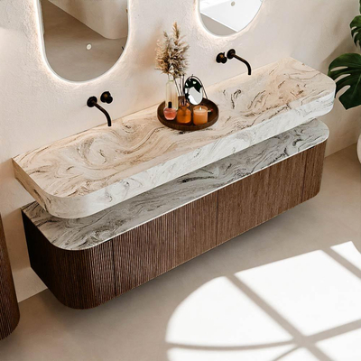 MONDIAZ THOR-DLUX 180cm meuble de salle de bains arrondi gauche + droite couleur Walnut avec 2 tiroirs et 2 portes. Vasque suspendue CLOUD Double sans trou de robinet couleur Glace.