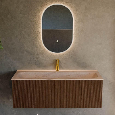 MONDIAZ KURVE-DLUX 120cm badmeubel kleur Walnut met 1 lade en 0 deuren. Wastafel BIG LARGE Midden 1 kraangat Saba.