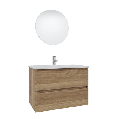 Adema Chaci Meuble salle de bain - 80x46x55cm - 1 vasque en céramique blanche- 1 trou de robinet - 2 tiroirs - miroir rond avec éclairage - cannelle