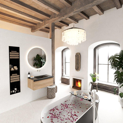 Mondiaz BUKLA Ensemble de meuble - 80x45x34cm - 0 trous de robinet - lavabo centré - solid surface - Urban - sans poignée - 1 tiroir - Mélamine - Chêne blanchi