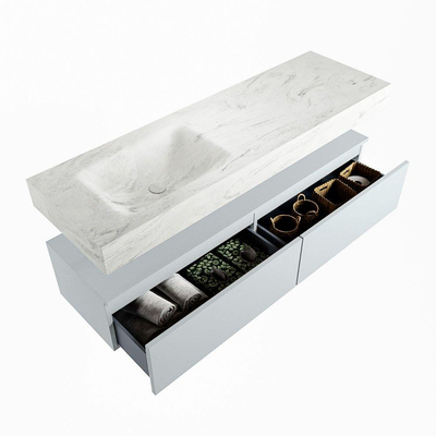 Mondiaz ALAN-DLUX Ensemble de meuble - 150cm - meuble Clay mat - 2 tiroirs - Lavabo Cloud Opalo suspendu - vasque Gauche - 0 trous de robinet