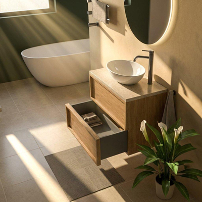 Saniclass Holz Frame Ensemble meuble de salle de bains - 80x45x63cm - Plan en pierre naturelle travertin - 1 trou de robinetterie - 2 tiroirs - chêne naturel mat (bois)