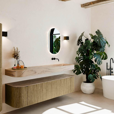 MONDIAZ THOR-DLUX 180cm meuble de salle de bains arrondi gauche + droite couleur Dusk avec 2 tiroirs et 2 portes. Vasque suspendue CLOUD droite sans trou de robinet couleur Arena.