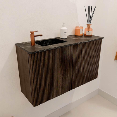Mondiaz JOYA-DLUX 70cm toiletmeubel - kleur Walnut - Wastafel FAYE positie Links 1 kraangat kleur Lava.