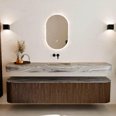 MONDIAZ THOR-DLUX 200cm badmeubel ronding links + rechts kleur Walnut met 2 lades en 2 deuren. Vrijhangende wastafel CLOUD Midden zonder kraangat kleur Sombra.