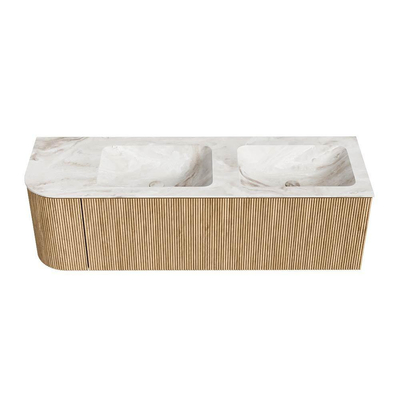 MONDIAZ KURVE-DLUX 145cm Meuble salle de bain avec module 25 G - couleur Oak - 1 tiroir - 1 porte - vasque LEAF double / droite - 2 trous de robinet - couleur Frappe