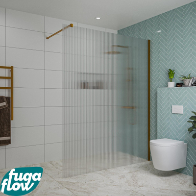 FugaFlow Eccelente Vetro douche à l'italienne salle de bain - 160x200cm - verre strié - bras mural - cuivre brossé