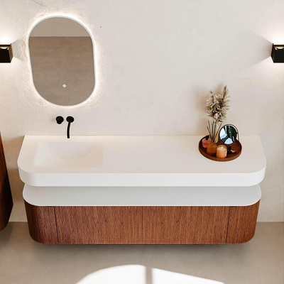 MONDIAZ THOR Meuble de salle de bains 180cm arrondi gauche + droite couleur Ruby avec 2 tiroirs et 2 portes. Vasque suspendue CLOUD Gauche sans trou de robinet couleur Talc.