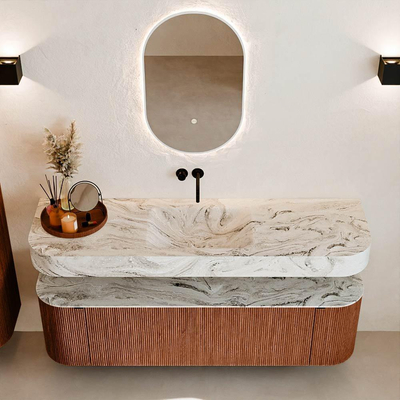 MONDIAZ THOR-DLUX 160cm meuble de salle de bains arrondi gauche + droite couleur Ruby avec 1 tiroir et 2 portes. Vasque suspendue CLOUD Milieu sans trou de robinet couleur Glace.