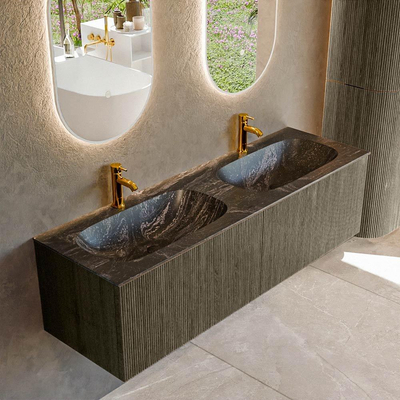 Mondiaz KURVE-DLUX Badkamermeubelset - 150x46x40cm - 2 lade - wastafel solid surface - dubbel - 2 kraangaten - Shadow