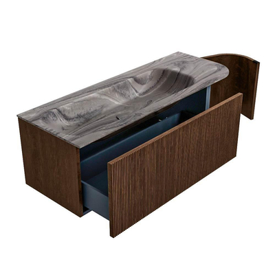 MONDIAZ KURVE-DLUX meuble de salle de bains 125cm arrondi droite couleur Walnut avec 1 tiroir et 1 porte. Lavabo BIG MEDIUM gauche 1 trou de robinet Sombra.