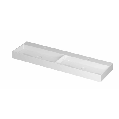 INK United wastafel - 160x45x11cm porselein dubbel met 2 kraangaten incl. porseleinen click plug en verborgen overloop systeem - glans wit