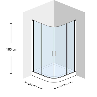 Adema Glass douchecabine kwartrond met 2 schuifdeuren 80x80x185cm helder glas inclusief douchebak 4cm