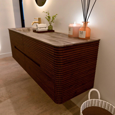 Mondiaz CIRO-DLUX Badkamermeubelset - 150x45x50cm - Solid surface wastafel Sombra - 1 wasbak Links - 1 kraangat - 4 lades - Ruby