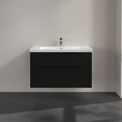 Villeroy & Boch Subway 3.0 meuble sous-lavabo - 100x55x45cm - avec poignée Volcano Black 2 tiroirs à fermeture douce 1 découpe pour siphon panneau de particules volcano black