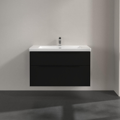 Villeroy & boch subway 3.0 meuble sous-vasque 100x55x45cm avec poignée noire volcanique 2 tiroirs à fermeture douce 1 niche d'aspiration panneau d'aggloméré noir volcanique