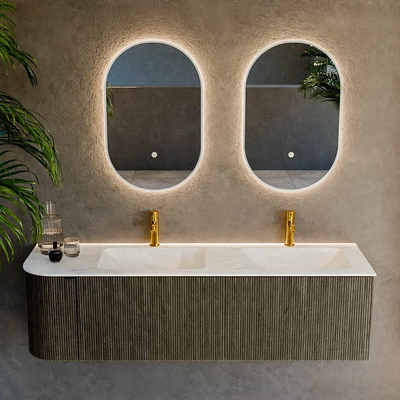 Mondiaz KURVE-DLUX Ensemble de meubles de salle de bains - 155x46x40cm - 2 tiroirs - 1 porte - lavabo solid surface - double / droite - 2 trous de robinet - Shadow