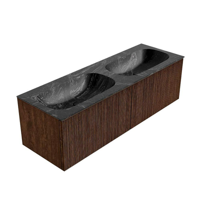 MONDIAZ KURVE-DLUX 140cm Meuble salle de bain - couleur Walnut - 2 tiroirs - vasque STOR SMALL double - 2 trous de robinet - couleur Lava