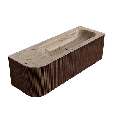 MONDIAZ KURVE-DLUX meuble de salle de bains 135cm courbe gauche couleur noyer avec 1 tiroir et 1 porte. Lavabo BIG MEDIUM droit sans trou de robinet Arena.